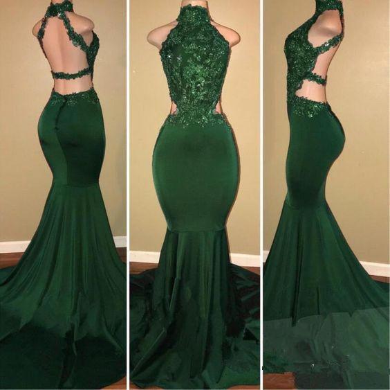 Real Dark Green Evening Dresses Mermaid Halter Backless Long Formal Prom Dresses Lace Summer Holiday Satin Sweep Train Evening Gowns 