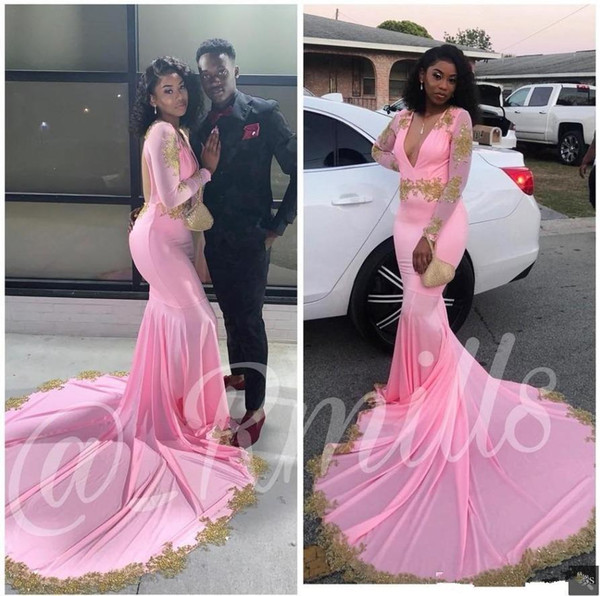 Fashion Pink Long Sleeves Prom Dresses Sexy Deep V Neck Gold Applique Backless African Evening Special Occasion Dress