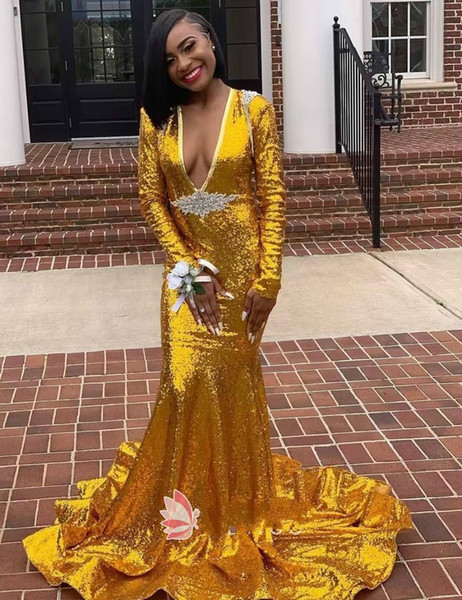 Sparkly Sequined Evening Dresses Deep V Neck Sweep Train Long Sleeve Mermaid Prom Dress Crystal Custom Made Formal Robes De Soirée