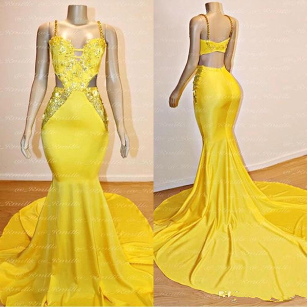 Sexy Yellow Spaghrtti Open Back Prom Dresses Lace Appliqued Crystal Beaded Evening Gown Long Formal Party Gown BC3999