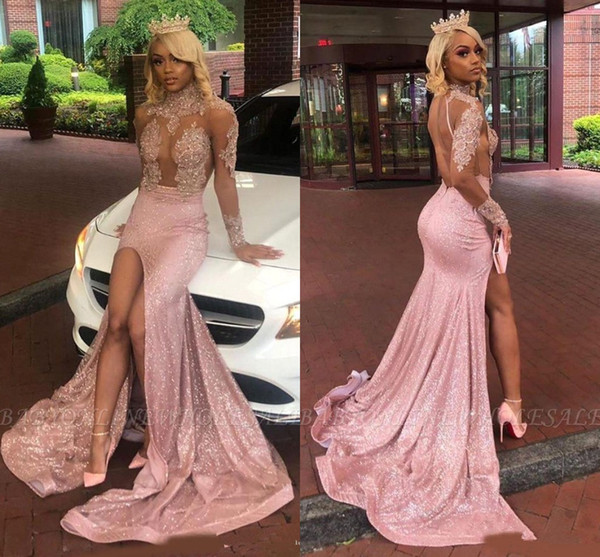 Sheer Long Sleeves High Neck Lace Mermaid Prom Dresses Black Girls Lace Applique Split Backless Sweep Train Evening Gowns