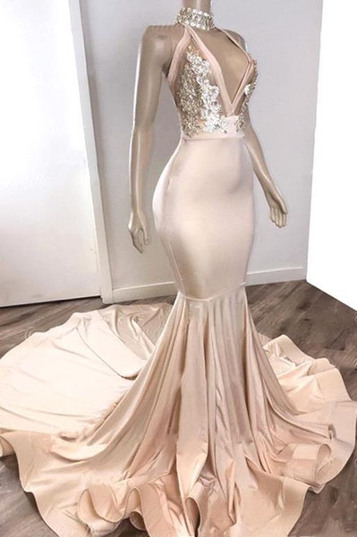 Champagne High Neck Mermaid Prom Dresses Sexy Lace Appliqued Beaded Evening Gown Elegant Long Formal Party Bridesmaid Dresses BC4011