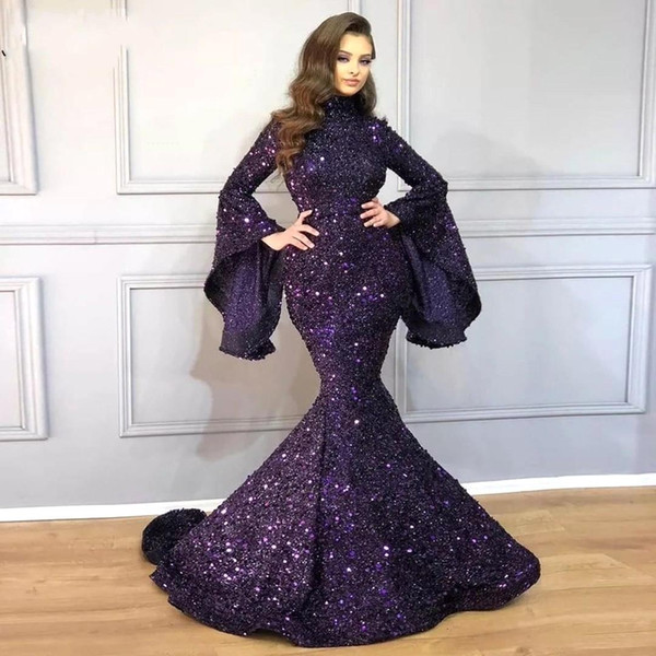 Purple High Neck Memmaid Prom Dresses Sexy Poet Long Sleeves Plus Size Evening Gown Saudi Arabian Formal Party Sequined Dress BC3998