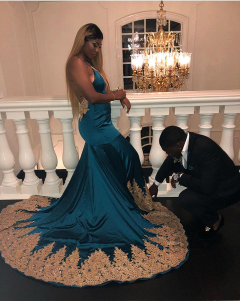 Sexy Turquoise Spaghetti Prom Dresses Plus Size Open Back Evening Gown African Gold Appliques Formal Party Dresses BC4001