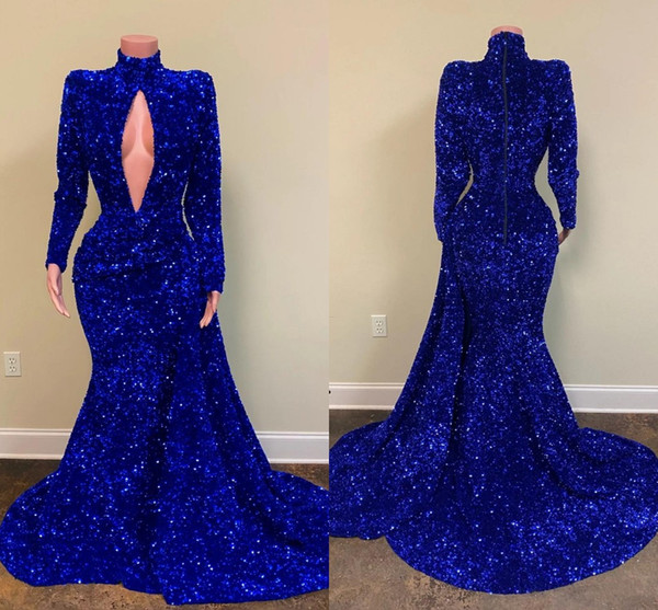 Royal Blue Evening Dresses Luxury Beading Sequined High V Neck Sweep Train Mermaid Prom Dress Real Image Formal Gowns Party Wear