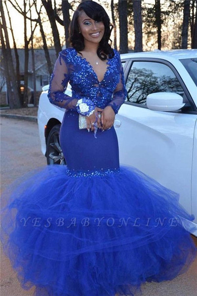 Royal Blue Mermaid Prom Dresses Sexy Long Sleeves African Lace Appliques Evening Gown Black Girl Formal Party Dress