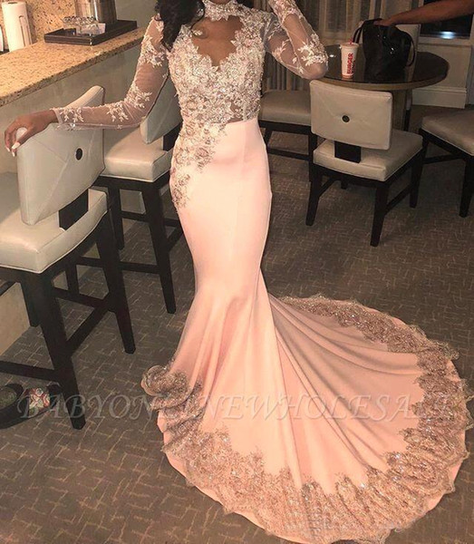 Blush Pink High Neck Memmaid Prom Dresses Sexy Long Sleeves Plus Size Evening Gown Saudi Arabian Formal Party Sequined Dress BC3997