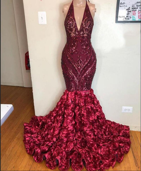 Sparkly Lace Sequins Mermaid Prom Dresses V-neck Luxury Applique Burgundy African 3D Floral Trumpet Evening Dress Wear