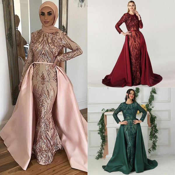 Luxury Blush Pink Sequined Mermaid Muslim Prom Dress Vintgae Long Sleeves Arabic Dubai Evening Formal Party Gown With Detachablte Train