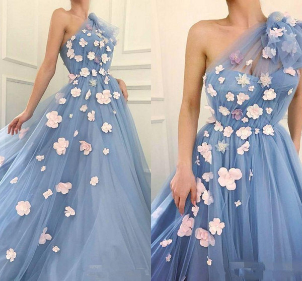 Sky Blue Prom Dresses One Shoulder A Line Pink 3D Floral Applique Tulle Custom Made Evening Gown Formal Occasion Party Wear