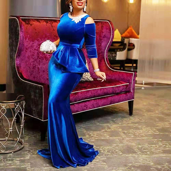 New Blue Long Sleeve Prom Dresses Formal Evening Party Pageant Gowns African Jewel Neck Mermaid Plus Size Custom Made