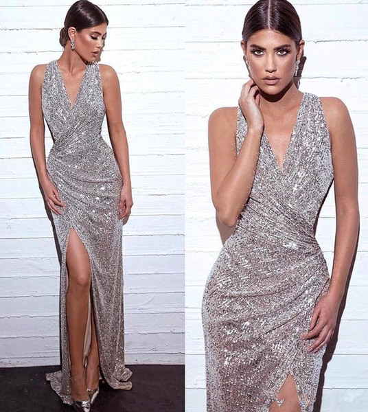 Formal V Neck Sequined Mermaid Long Evening Dresses Ruched Split Floor Length Formal Party Prom Dresses