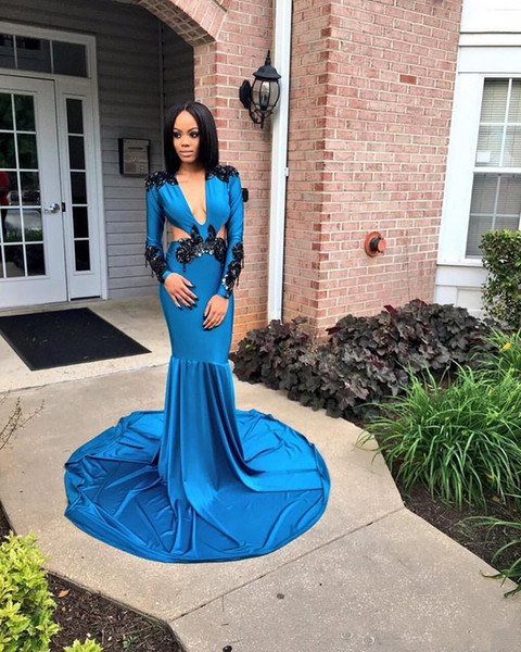 Blue Deep V Neck Prom Dresses South African Sexy Mermaid Evening Gowns Lace Appliques Long Sleeves Sweep Train Party Dress Robe De Soiree