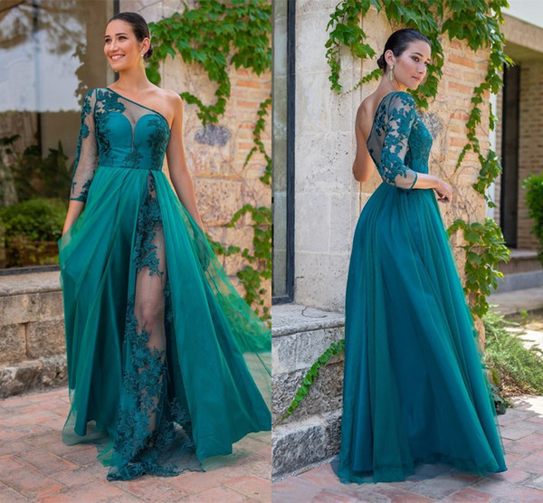 Vintage Dark Green Lace Appliqued A-line Prom Dress Eleagnt One Shoulder Evening Gown Luxury Long Sleeves Formal Party Bridesmaid Dresses