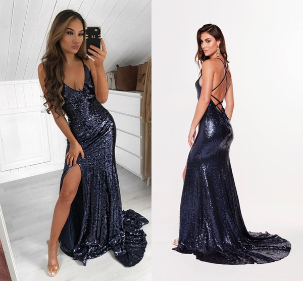 Sexy Navy Blue Sparkly Sequined Mermaid Prom Dresses Cheap Open Back Sheath Evening Dress Long Spaghetti Formal Party Pageant Gown BM0945