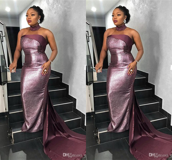 Sexy Purple Sequined Mermaid Prom Dress Vintage Sparkly Halter Evening GownLuxury African Formal Party Bridesmaid Dresses Plus Size