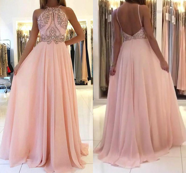 Blush Pink Lace Appliqued A-line Prom Dress Halter Open Back Evening Dresses Spaghetti Beaded Long Formal Party Pageant Gown BC2390