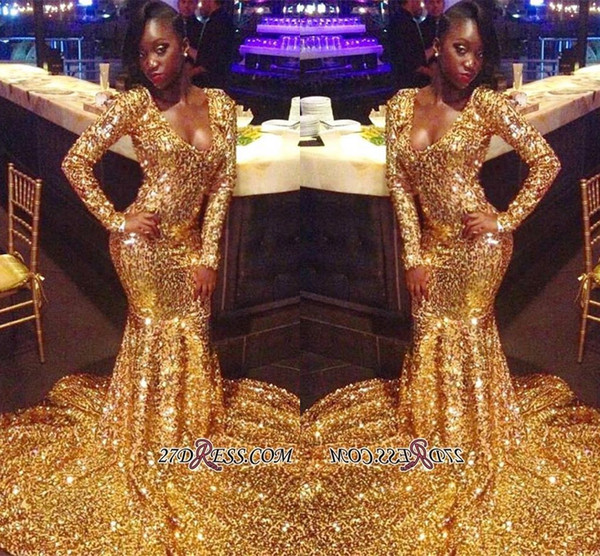 Gold Sequins Long Prom Dresses V Neck Long Sleeves Mermaid Formal Party Evening Dresses BC1303