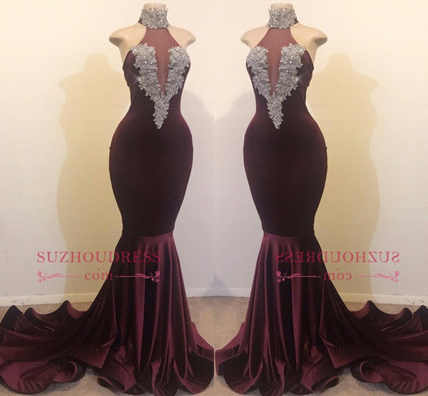 New High Neck Burgundy Prom Dresses Real Images Appliqued Lace Mermaid 2K19 Party Vestidos Beaded Sequins Long Celebrity Gowns BC1144