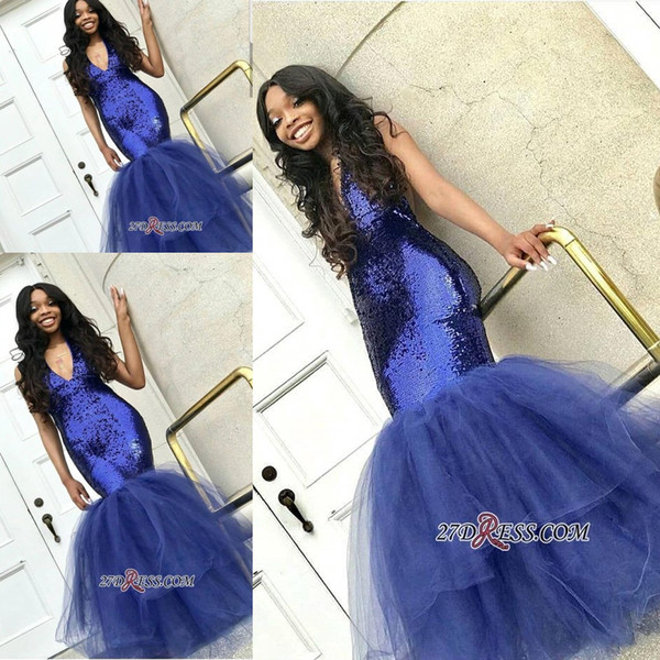 Sexy V Neck Blue Sequins Prom Dresses Mermaid Dresses Sweep Train Appliqued Sleeveless Tulle Evening Party Dresses Custom Made BC1191