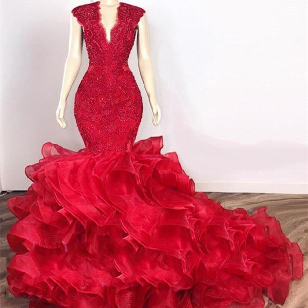 Luxury Red Prom Dresses Long Beaded Lace Top Tiered Ruffles Africa Black Girl Mermaid Party dress Evening Wear