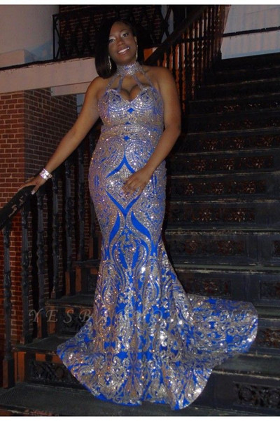 Sparkly Blue Mermaid Prom Dresses Sexy High Neck African Lace Appliques Evening Gown Black Girl Formal Party Dress