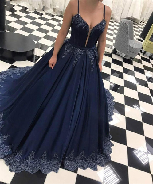 Navy Blue Prom Dresses Lace Appliques Spaghetti Straps A Line Beaded Long Formal Party Evening Gowns Vestidos De Festa