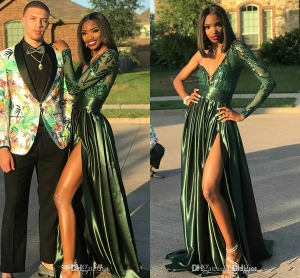 New Dark Green Sexy Prom Dresses High Side Split One Shoulder A Line Formal Dress Party Wear Sweep Train Plus Size Evening Gowns