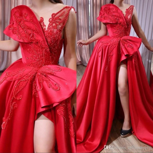 Red Sexy Beaded Evening Dresses Sheer Neck High Split Prom Dress Satin Formal Party Gowns African Girls Pageant Dress