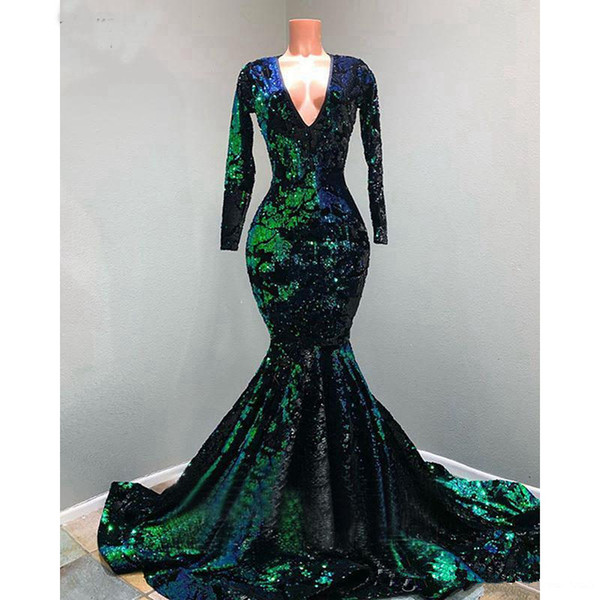 Deep v Neck Long Mermaid Prom Dresses New Long Sleeve Floor Length Sequined Simple Formal Evening Dress Party Gowns