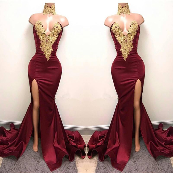 Sexy Burgundy High Neck Mermaid Prom Dresses Gold Lace Appliques Side Split Evening Dresses Cheap Party Wear BA5998