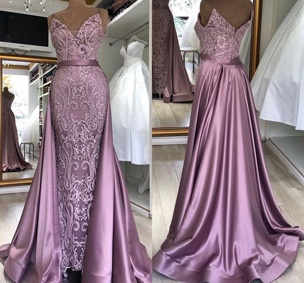 Elegant Spaghetti Lace Appliqued Mermaid Prom Dresses With Detachable Tran Vintgae African Long Formal Party Pageant Gown