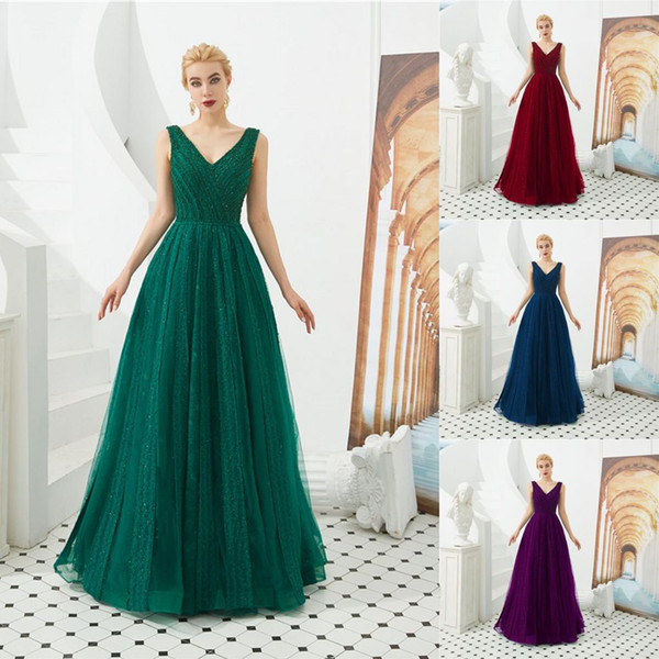 100% Real Pictures Vintage V Neck Sequined A-line Prom Dresses Luxury Quinceanera Evening Gown Formal Party Dress CPS1305