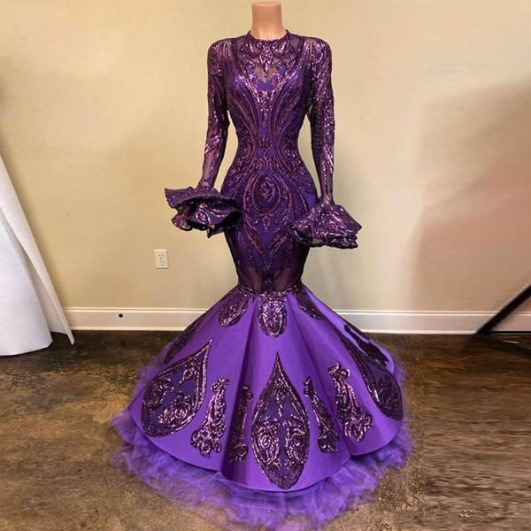 Sexy Purple Sequined Mermaid Prom Dresses African Long Sleeves Evening Gown Plus Size Formal Party Pageant Wear