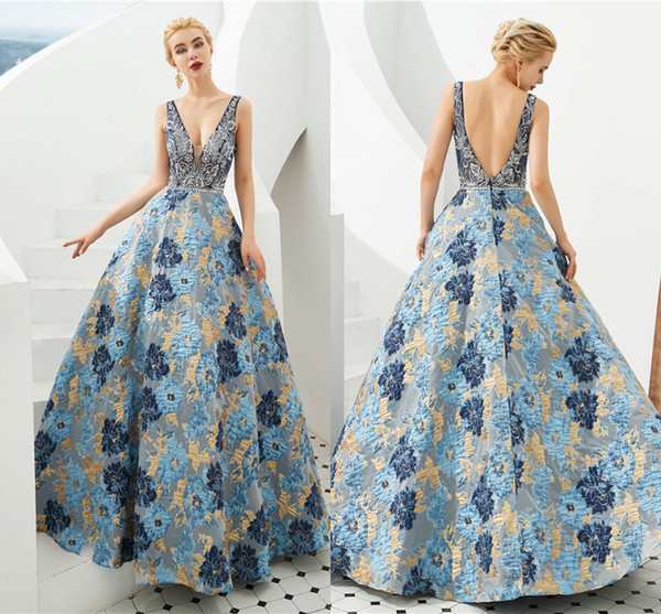 Vintaege Blue Floral Print Prom Dresses 100% Real Pictures Open Back Evening Gown Luxury Beaded Formal Party Pageant Dresses CPS1301