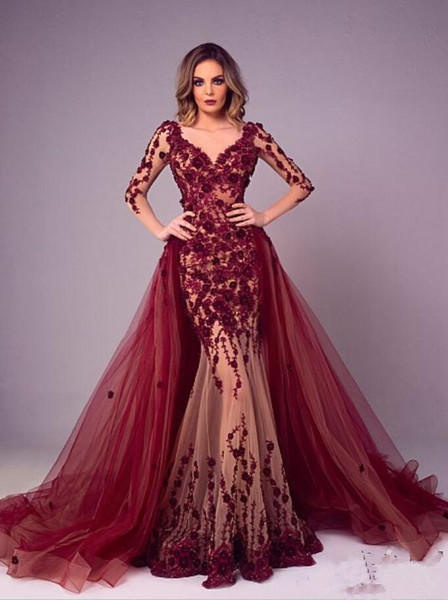 Tony Chaaya Evening Dresses With Detachable Train Burgundy Lace Applique Mermaid Prom Gowns Plus Size Long Sleeve Luxury Party Dress