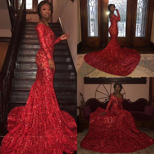 New Off the Shoulder Red Sequined Mermaid Prom Dresses Black Girls African Long Sleeves Evening Dresses Party Wear