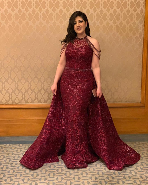 Arabic Aso Ebi Burgundy Luxurious Lace Evening Dresses Mermaid Sexy Prom Dresses Vintage Formal Party Second Reception Gowns