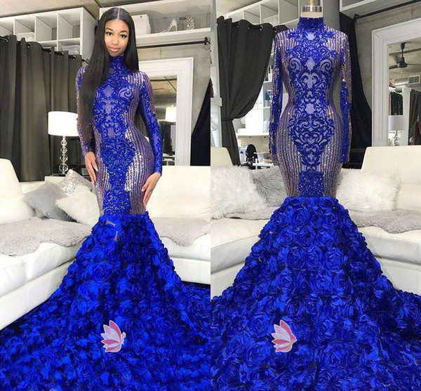 High Neck Mermaid Prom Dresses Sequins Lace Beading Balck Girls Evening Dress Long Sleeve Formal Robes De Soirée