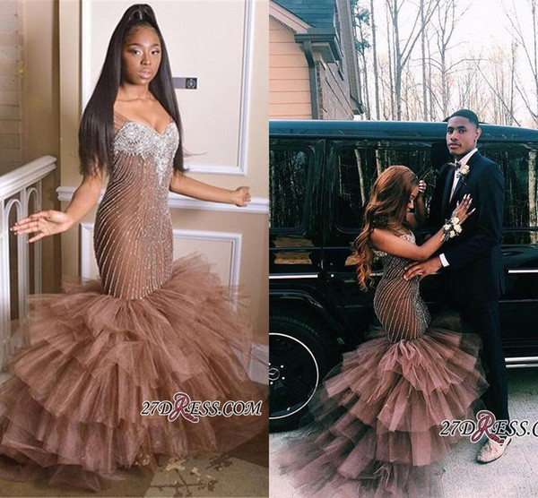 Gorgeous Afrian Couple Fashion Mermaid Prom Dresses Layer Ruffles Beadings Appliqued Sweetheart Long Black Girl Party Evening Gowns BC1699