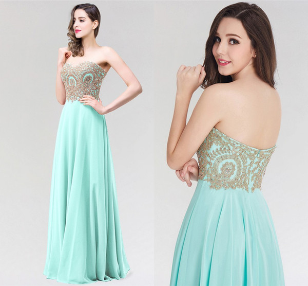 Mint Green Long Sweetheart Chiffon Prom Dresses 2020 Sexy Backless Gold Appliques Chiffon Skirt Evening Dresses Formal Party Gowns CPS319