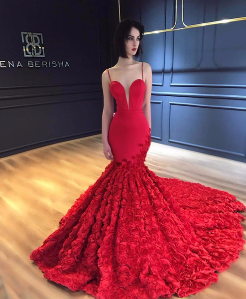 Sexy Red 3D Rose Flowers Mermiad Prom Dress Vintage Backless Spaghetti Evening Gown Luxury Sheath Formal Party Pageant Gown