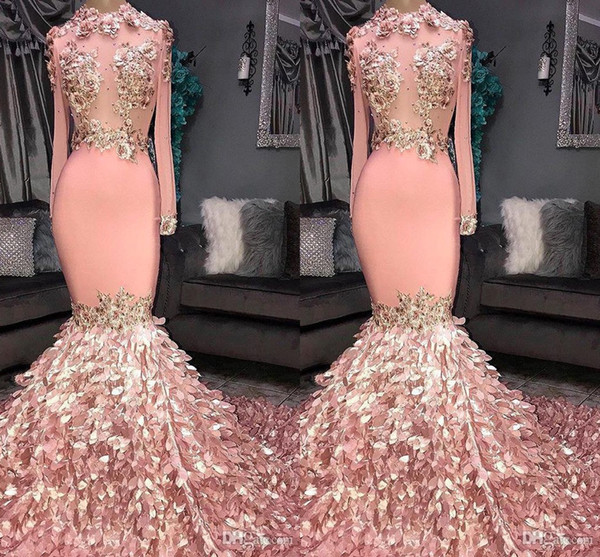 New Gorgeous Pink Cascading Flowers Prom Dresses Sheer Long Sleeves Applique High Neck Evening Gowns Custom Made BC1046