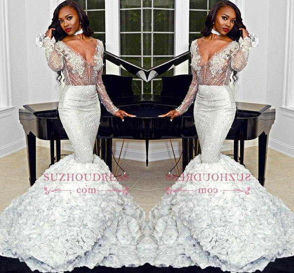 Sexy Deep V Neck Lace Mermaid Prom Dresses Sheer Long Sleeves Tulle Applique 3D Rose Floral Floor Length Evening Party Gowns BC1188