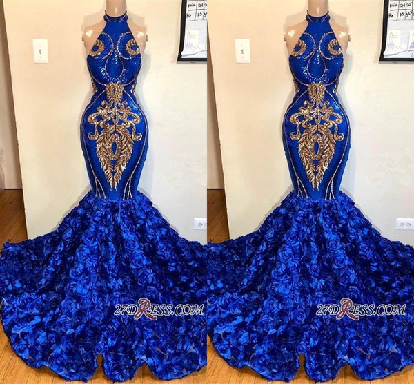 New Royal Blue Halter Mermaid Prom Dresses Gold Appliqued Sleeveless Rose Flower Train Formal Evening Dresses Pageant Party Wear bc1213