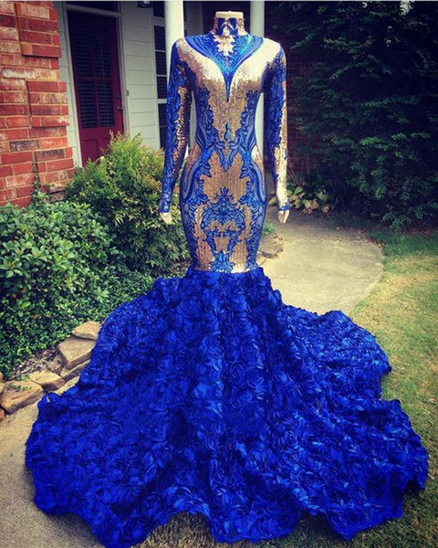 Vestido de festa Royal Blue Prom Dresses Sequins With 3D Flowers Arabian Long Sleeve Evening Cocktail Party Dresses Robe de soiree