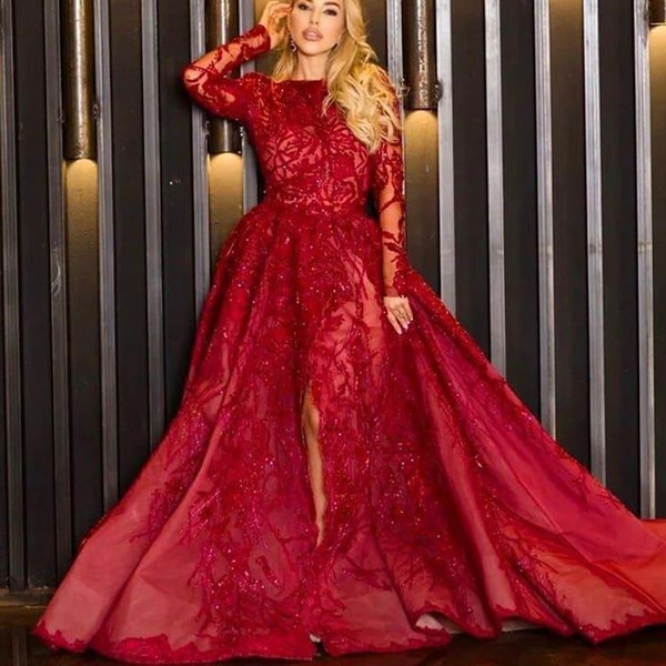 Arabic Aso Ebi Sexy Lace Beaded Evening Dresses Long Sleeves Prom Dresses Red High Split Formal Party Second Reception Gowns