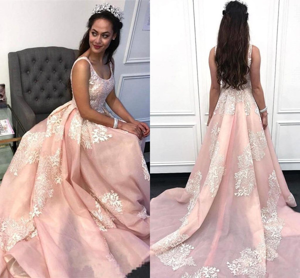 Elegant Blush Pink Lace Appliqued A-line Prom Dresses Luxury Scoop Neck Evening Party Quinceanera Gown Formal Dresses BC2458