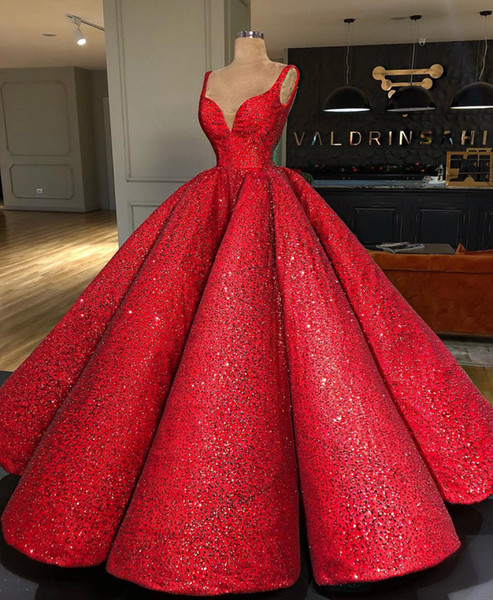 Luxury Sparkly Beaded Sequined Ball Gown Prom Dress Vintage Spaghetti Quinceanera Sweet 16 Dresses Red Long Formal Party Evening Gown