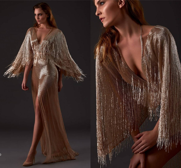 Luxury Gold Sequined Mermaid Prom Dress With Tassels Vintage Deep V Neck Evening Gown Sexy Formal Party Cocktail Wear